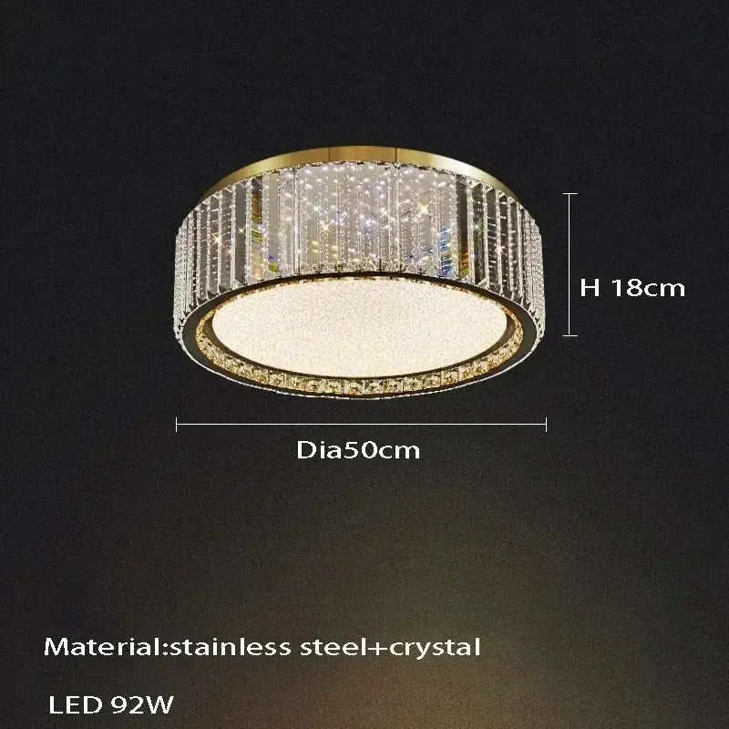 Light luxury crystal ceiling lamp with gold rim and crystal strands, diameter 50cm, height 18cm, LED 92W
