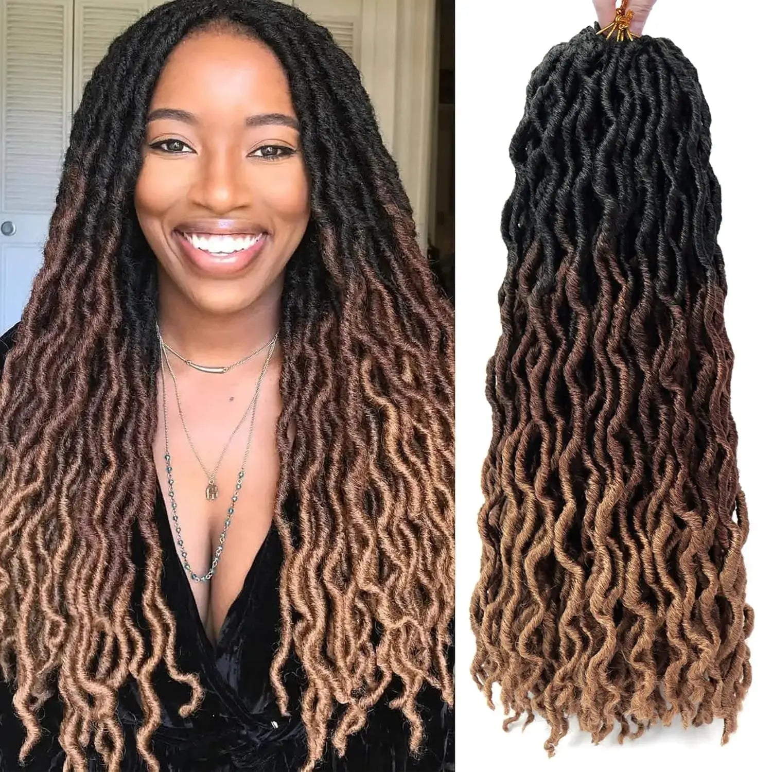 Simples Market 18/24in goddess faux locs crochet hair, 6-pack bundle, black to brown ombre, synthetic wavy dreadlocks