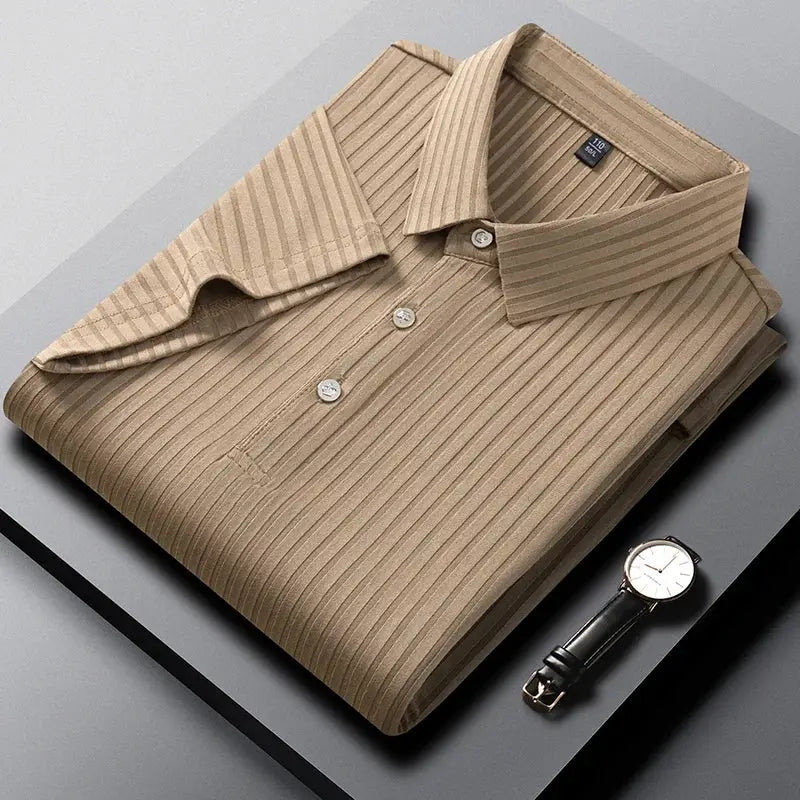 2 items: Simples Market beige striped polo shirt with collar and a wristwatch