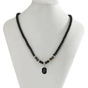 Salircon clavicle necklace with black tiger stone beads and geometric pendant, stainless steel mens choker