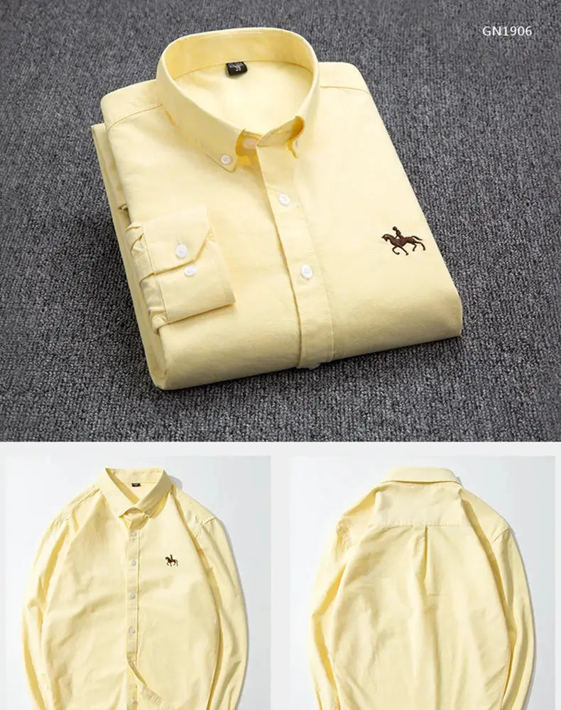 Simples Market yellow pure cotton Oxford shirt for men with horse embroidery, long sleeve, regular fit