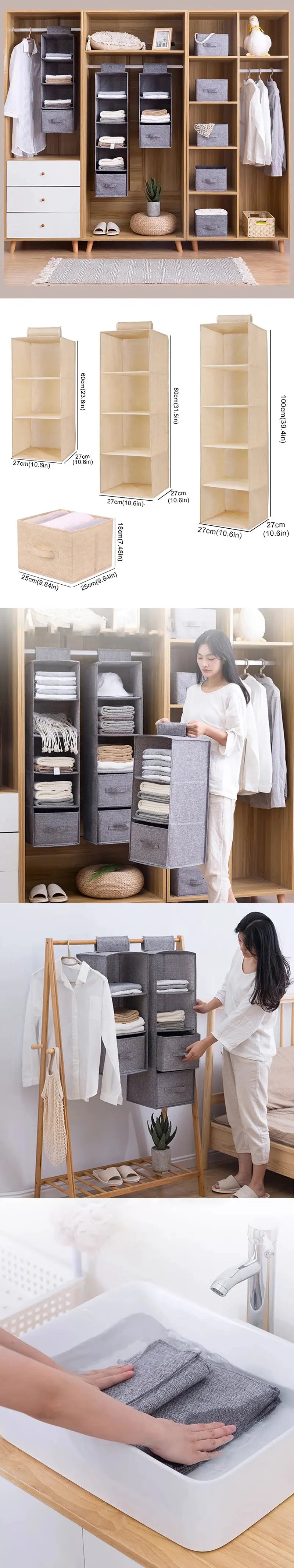 Simples Market cotton-linen hanging wardrobe organizer with gray drawer-style fabric drawers