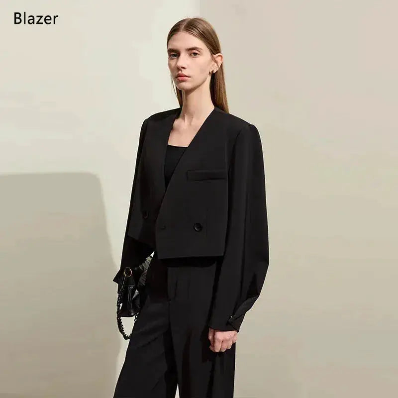 Black blazer and matching wide-leg pants, 2-piece minimalist office set for women