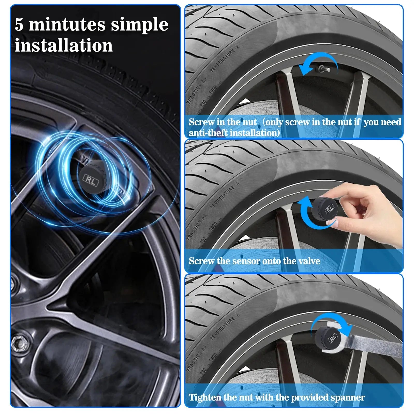 TPMS tire pressure monitoring system with 4-wheel internal and external sensors, Simples Market