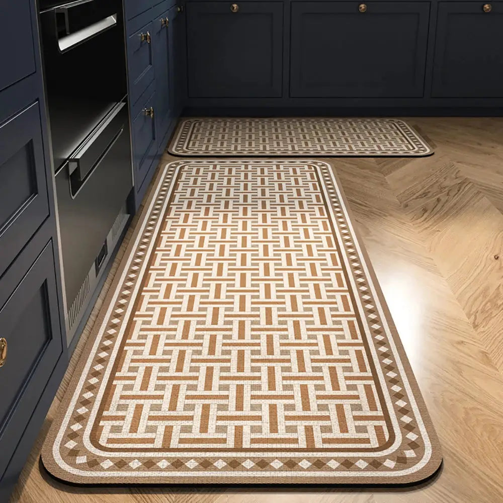 Non-slip kitchen mats long runner in beige lattice pattern, 2-piece set for kitchen floors