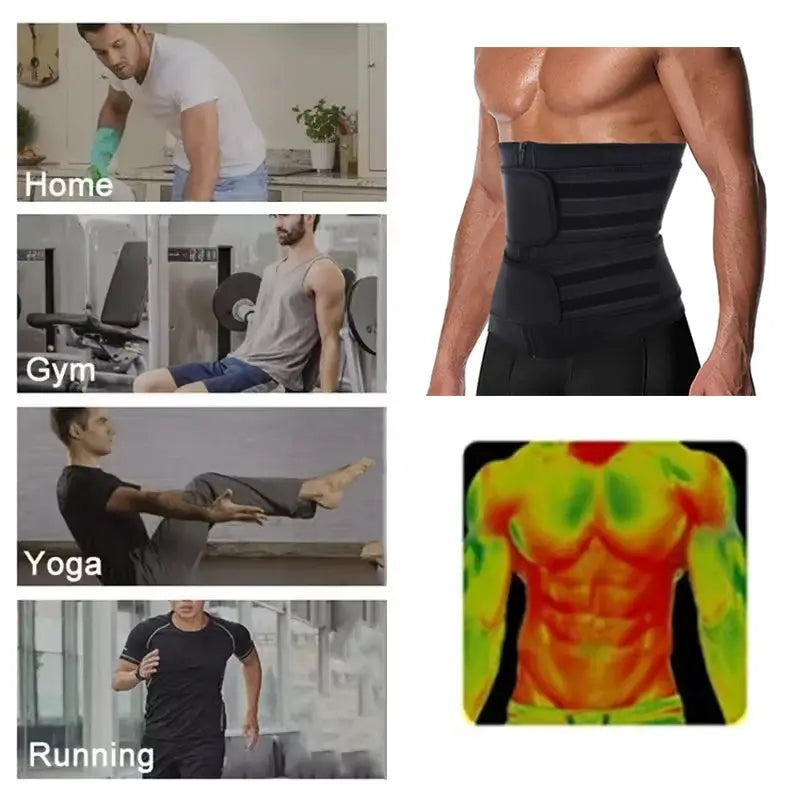 Men's black waist trainer corset belt by Simples Market for workouts; lifestyle panels show home, gym, yoga, running