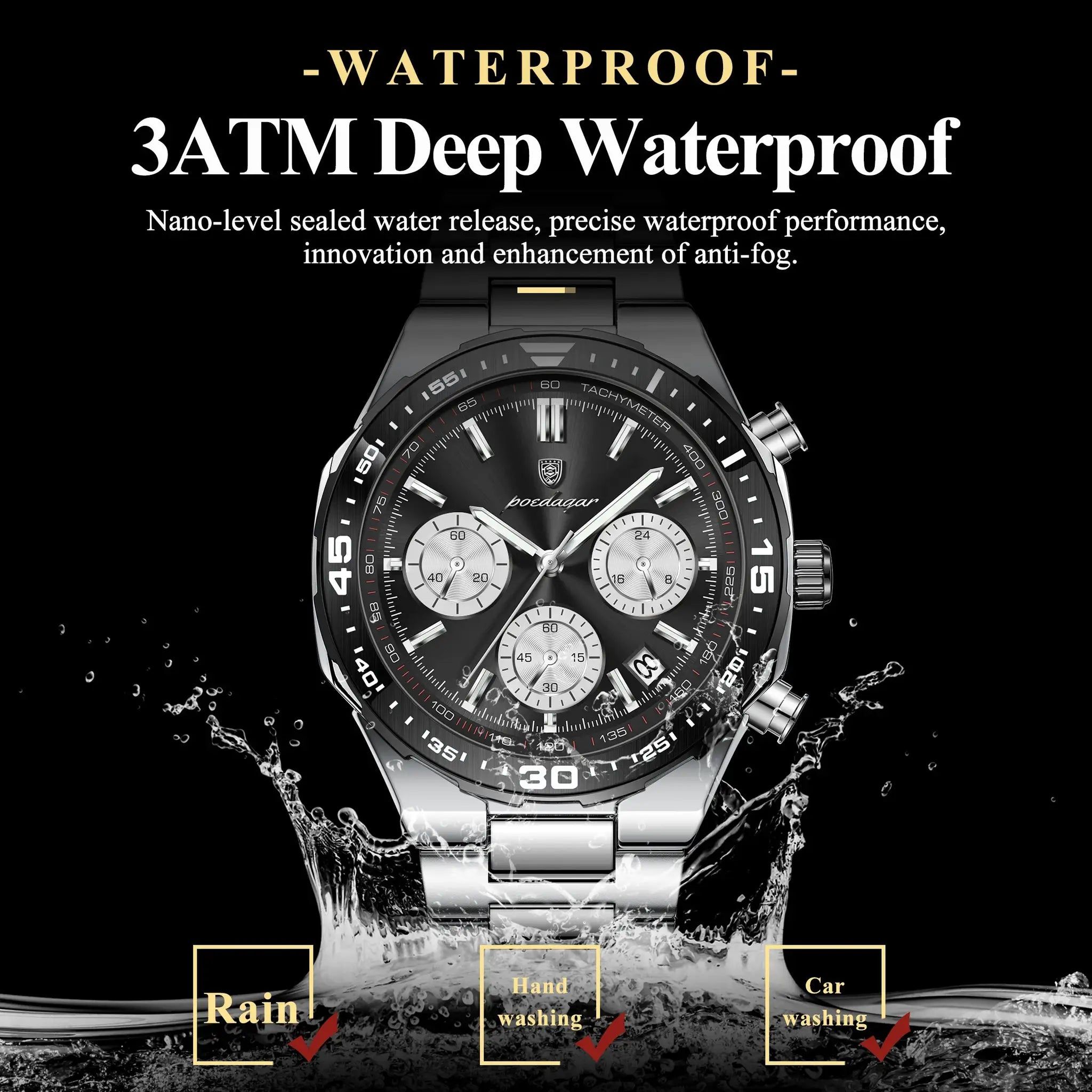 POEDAGAR stainless steel men's quartz watch with chronograph, 3ATM waterproof
