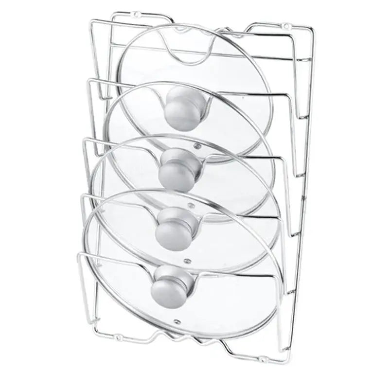 Pot lid rack, five-layer chrome metal wall-mount organizer for kitchen lids.