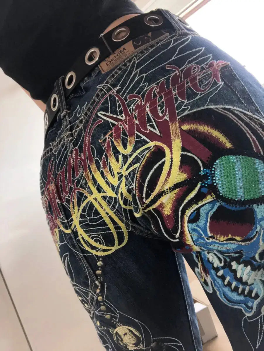 Y2K Baggy Wide Leg Jeans Embroidered Buddha Harajuku High Waist Denim