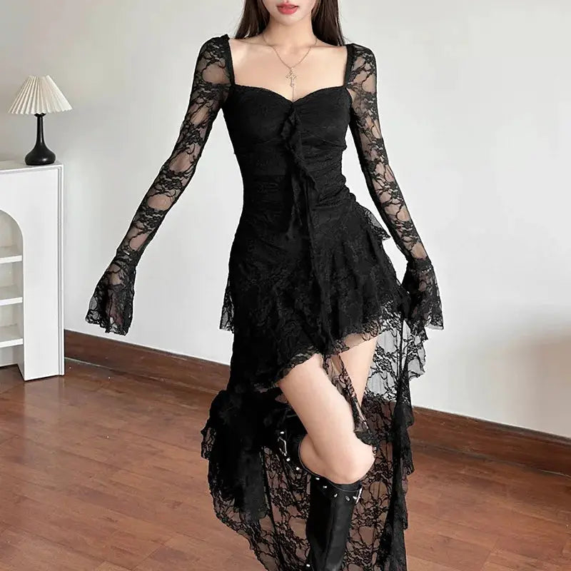 Nocturne Atelier Goth Lace Fairycore A Line Dress With Flare Sleeve Square Neck Irregular Hem For Cyber Y2K Party