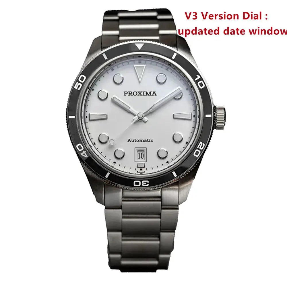 Proxima PX1697 watch, 39mm stainless steel automatic with white enamel dial and black bezel.