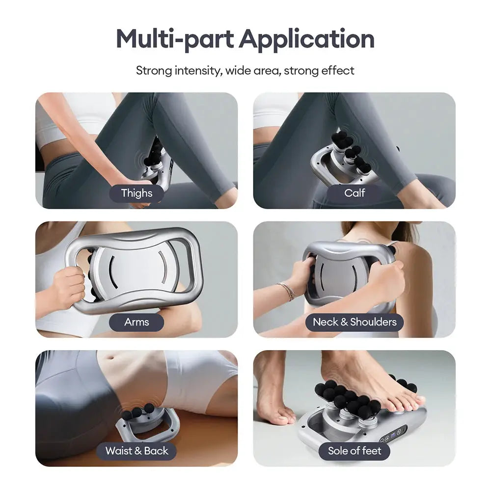 Simples Market 30-Head Body Massage Gun with six areas: thighs, calves, arms, neck & shoulders, waist/back, soles