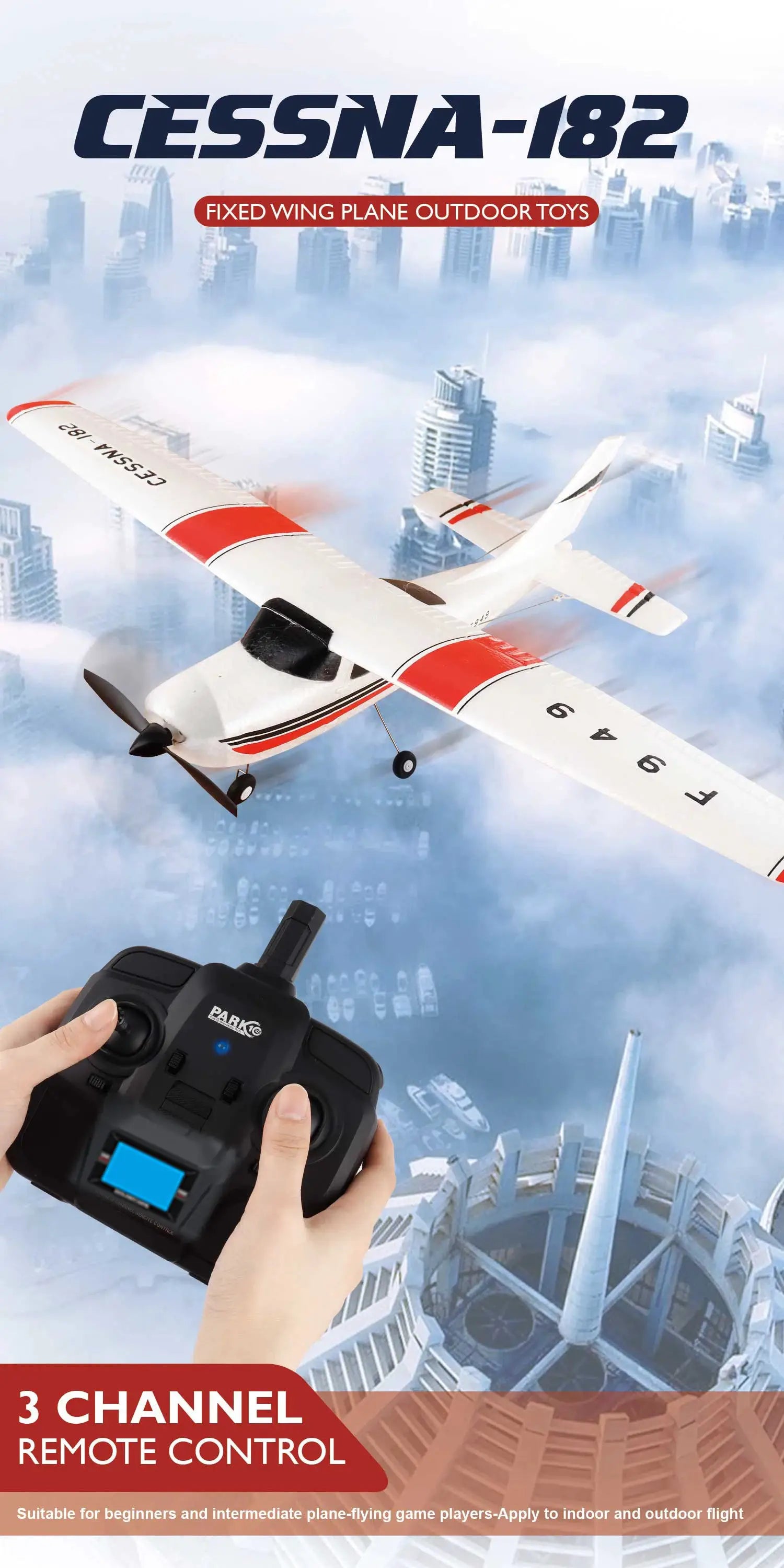 Cessna 182 RC airplane with remote, white body and red stripes, 3-channel fixed-wing outdoor toy