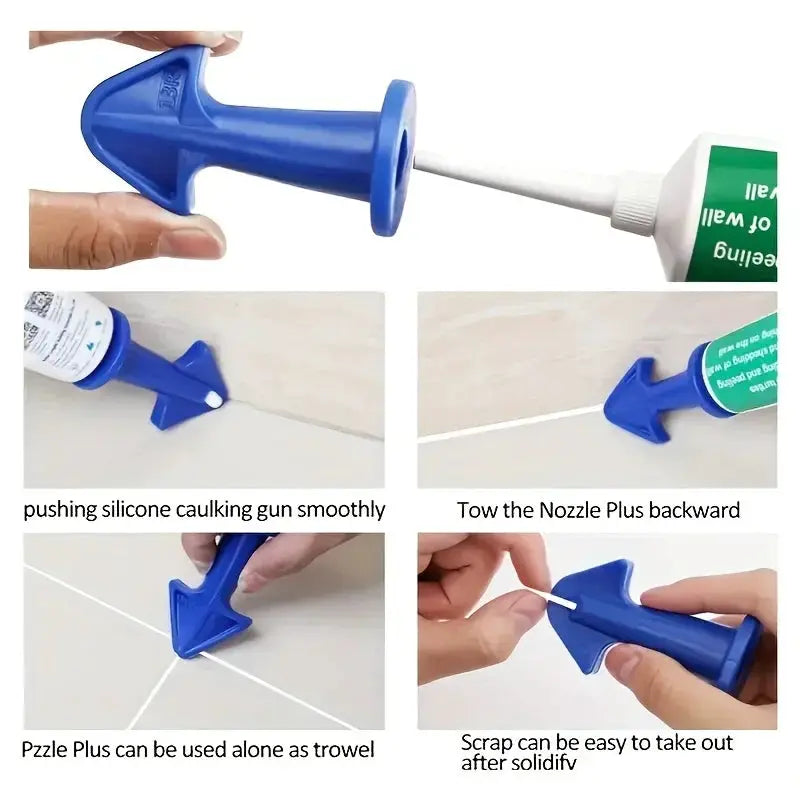 Blue silicone caulking gun by Simples Market with nozzle; part of a 15pc kitchen/bathroom set