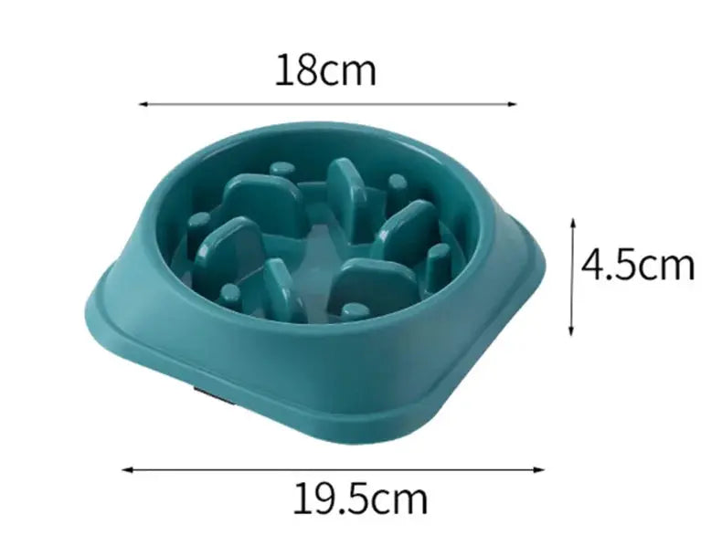 Pet slow-feeder bowl for cats and dogs, teal non-slip round design with anti-choking ridges, 19.5 cm long