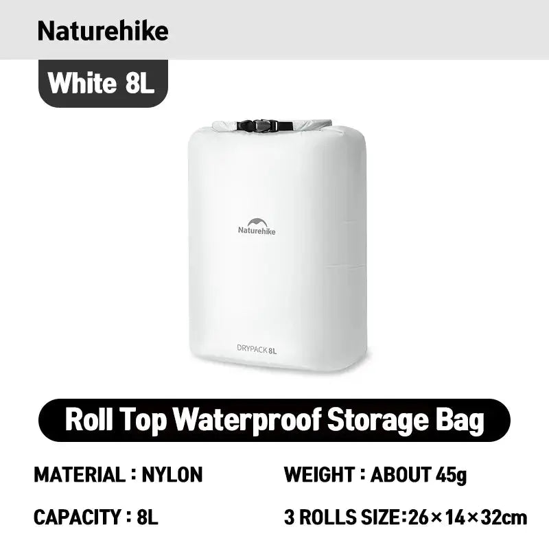 Naturehike 8L roll-top waterproof storage bag, white nylon with top strap; Naturehike logo clearly visible.
