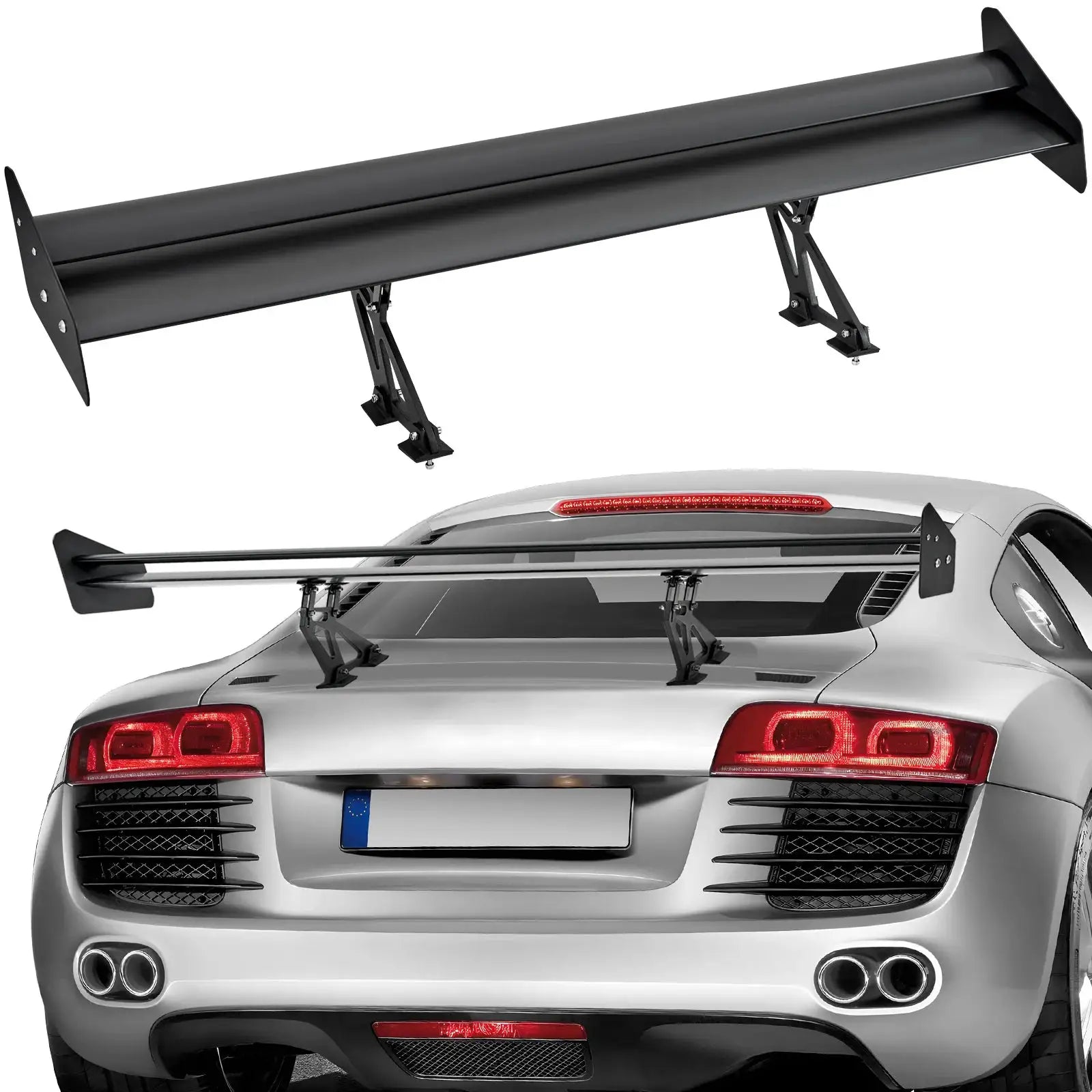 GT Wing car spoiler, 53.1 inch universal double-deck rear wing, black with mounting brackets on a silver car.