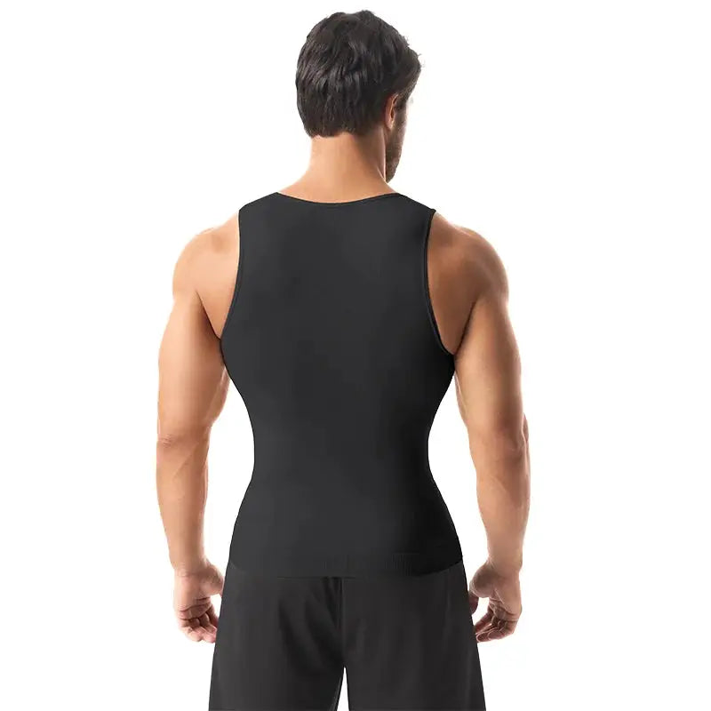 Men's sleeveless shapewear tank top, black; breathable soft compression vest for abs and waist