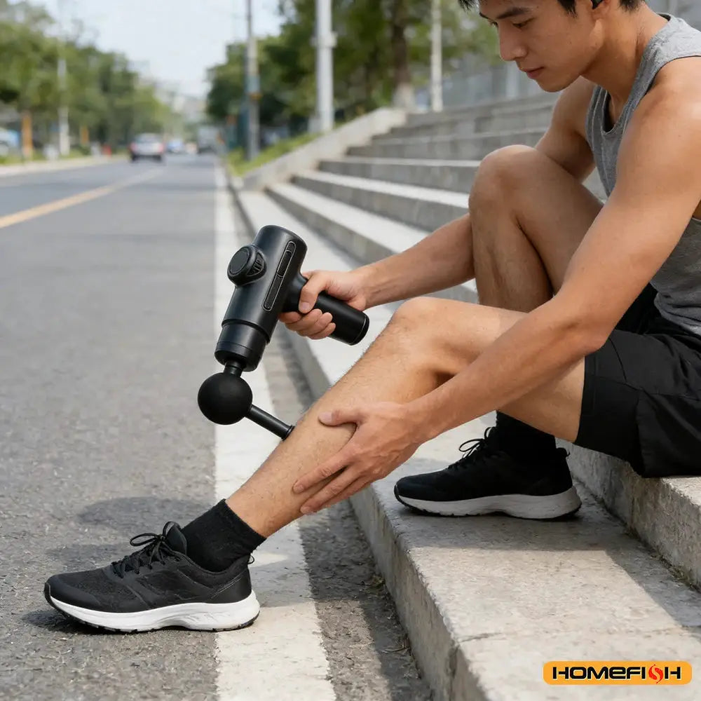 Electric deep tissue massage gun with 8 interchangeable heads, black handheld massager shown outdoors; Homefish logo visible.