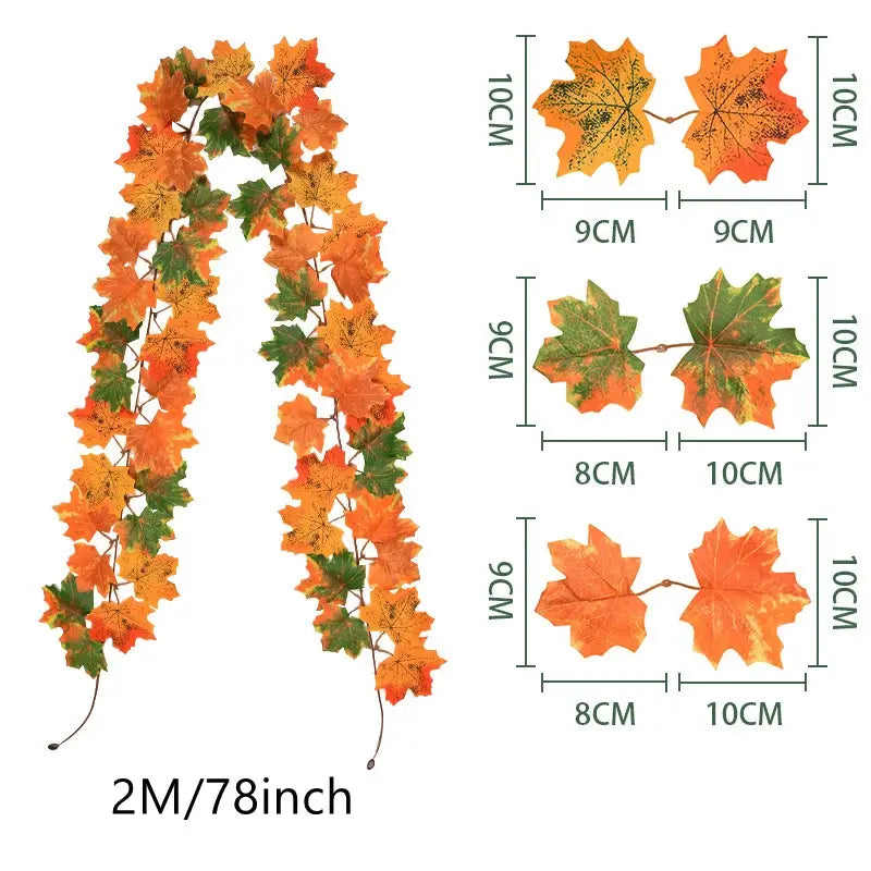 Simples Market Autumn artificial maple leaf wreath, 200 cm long, orange-green leaves for wall, door, or window decor