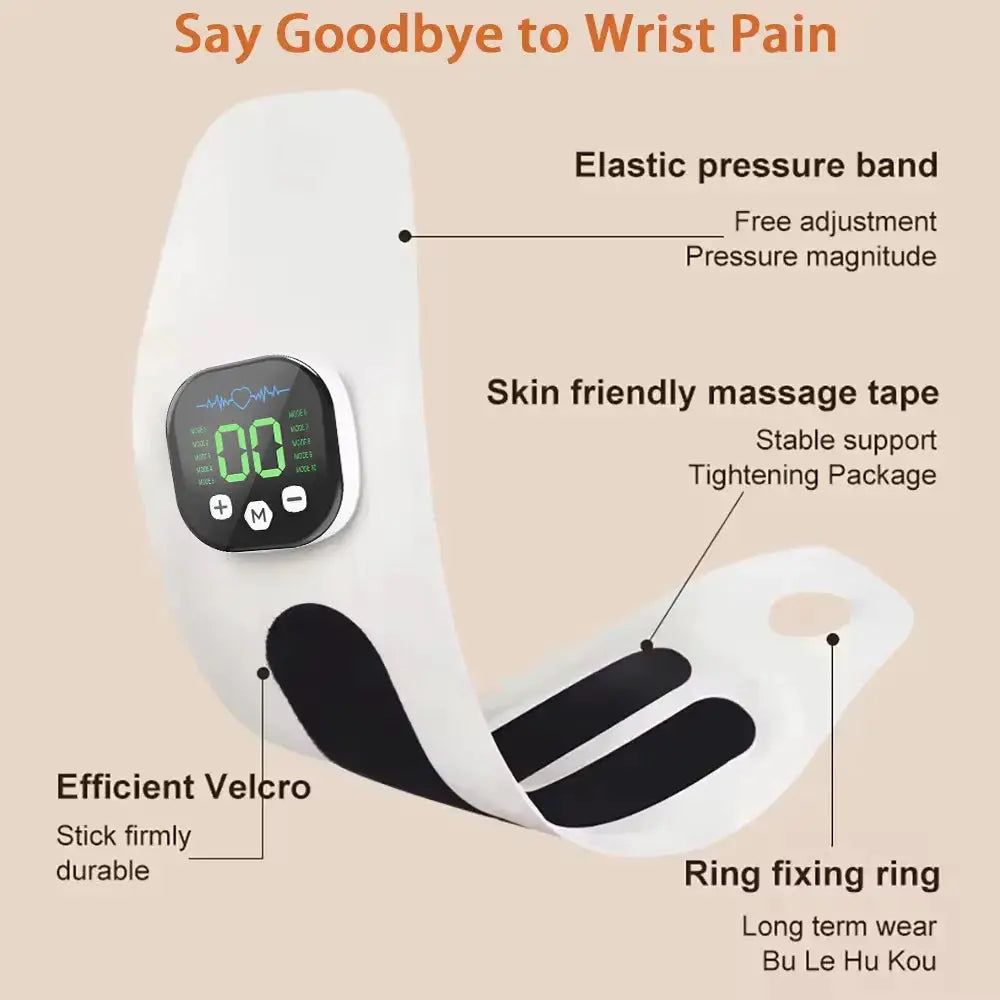 EMS Electric Cordless Hand Wrist Massager by Simples Market, white with 10 mode vibration and digital display