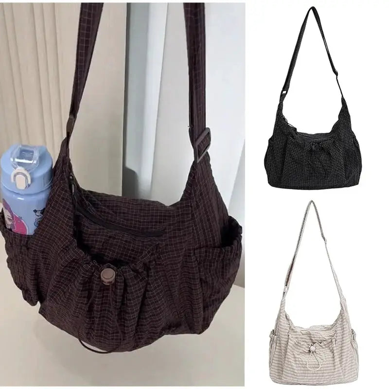 Simples Market plaid nylon shoulder bag set - brown, black, and beige versions with drawstring-pleated front and side bottle pocket