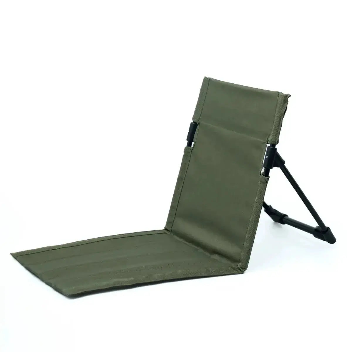 Foldable camping chair with olive-green fabric backrest and seat, portable and lightweight.
