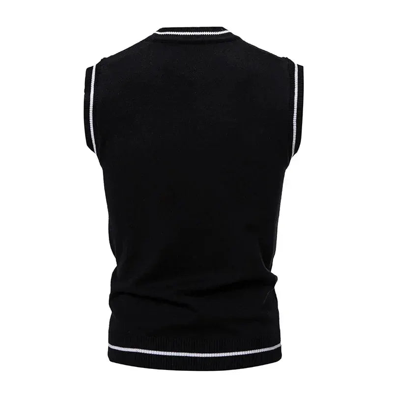 Men's black knit sleeveless vest with white piping trim