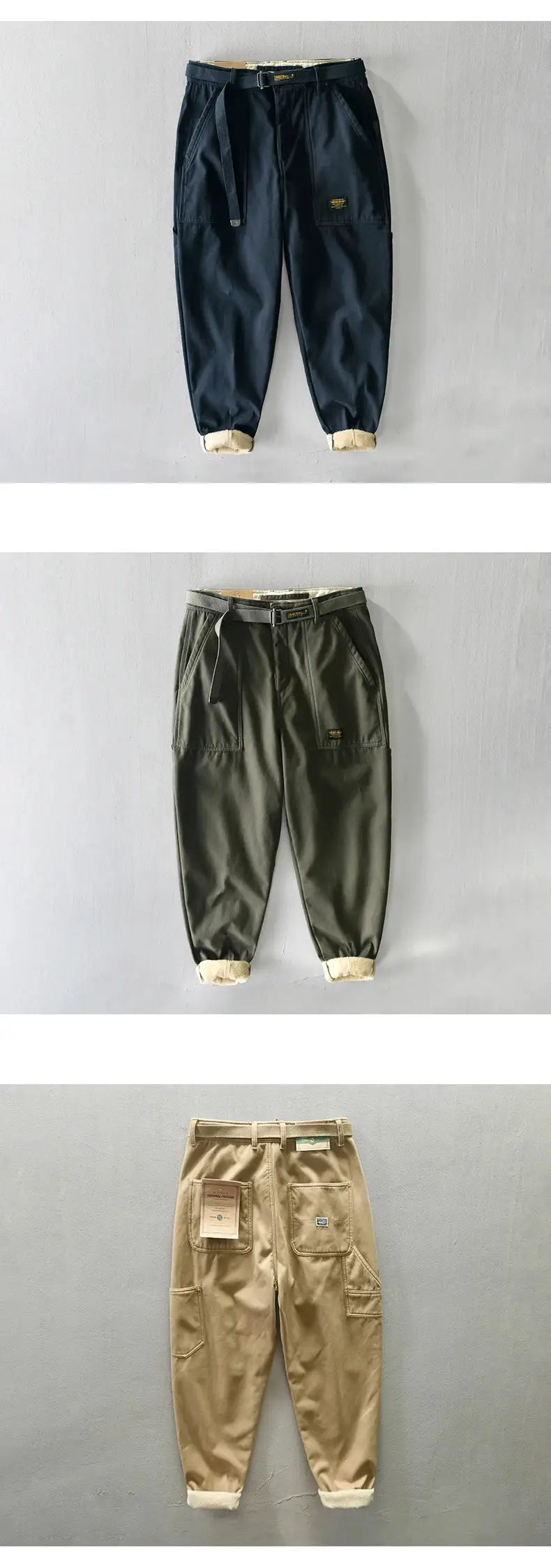 HIQOR men's winter cargo pants; 3 color options navy, olive, and khaki with belt and fleece-lined cuffs