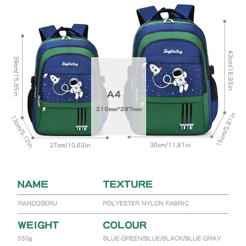 Astronaut school backpack for boys by Simples Market, blue-green polyester-nylon, waterproof, two backpacks.