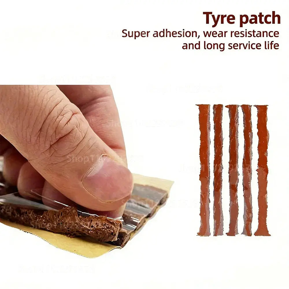 Tire repair kit with glue and six brown rubber patches for car, motorcycle, and bike