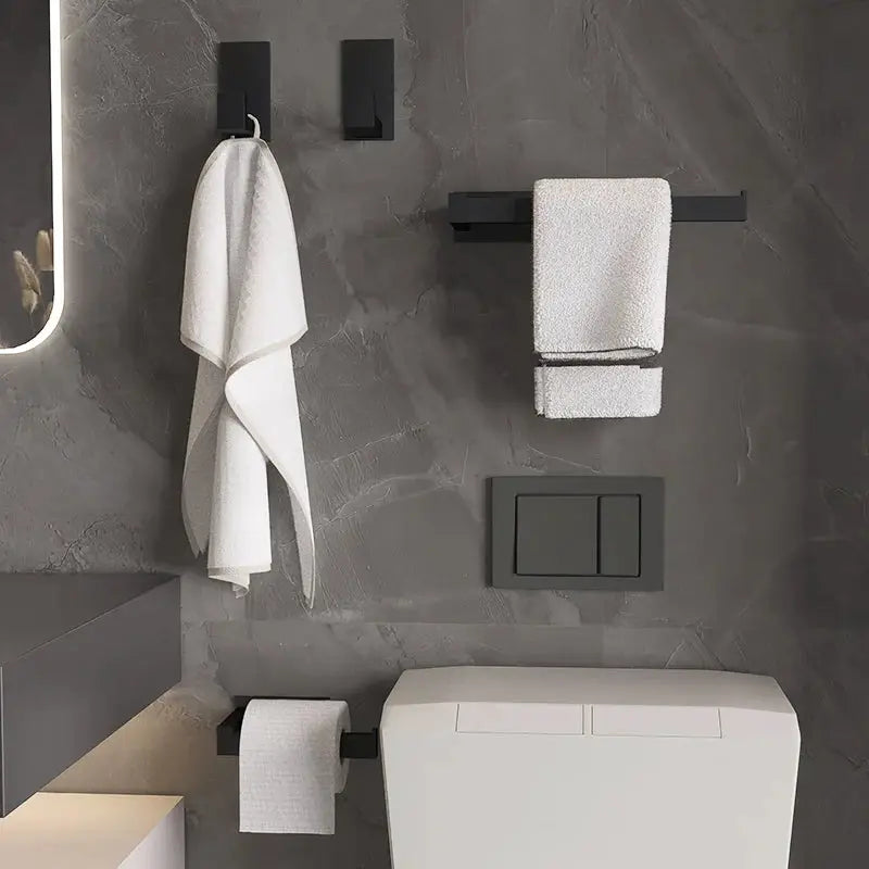Black bathroom hardware set of 3 with self-adhesive mounting, robe hook, towel bar, toilet paper holder