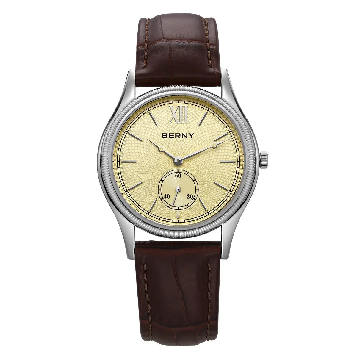 BERNY men's dress watch with gold dial and brown leather band