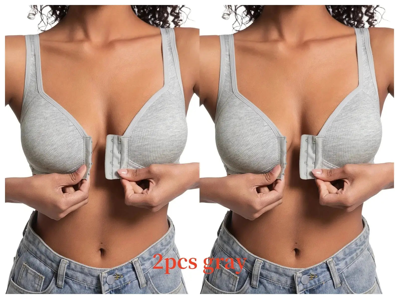 Women's gray wire-free front-closure bra with full-coverage cups, 2-piece set.