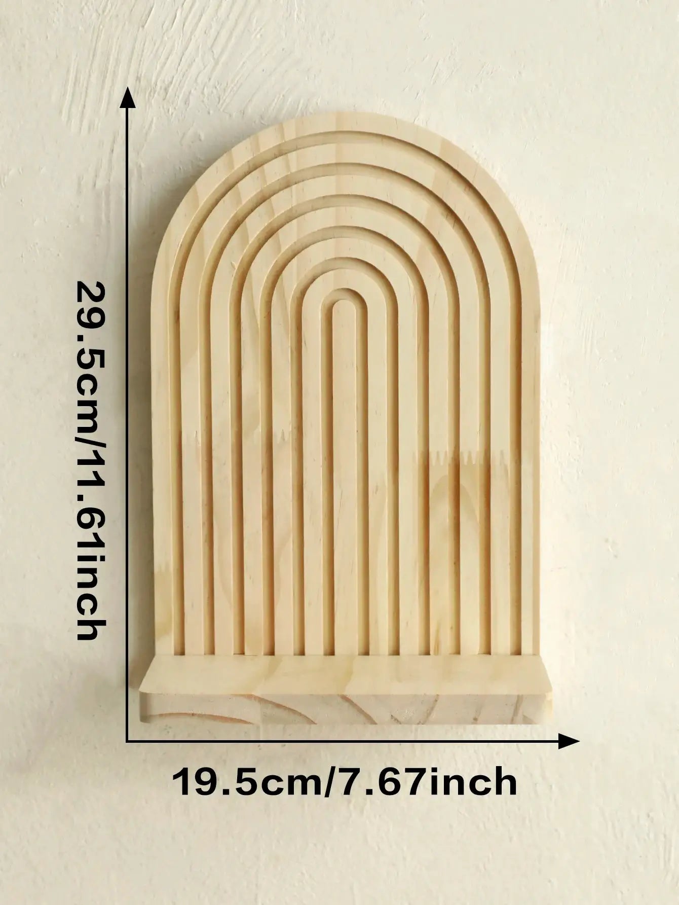 1pc Boho-style wooden wall shelf with arched geometric slats in natural wood finish
