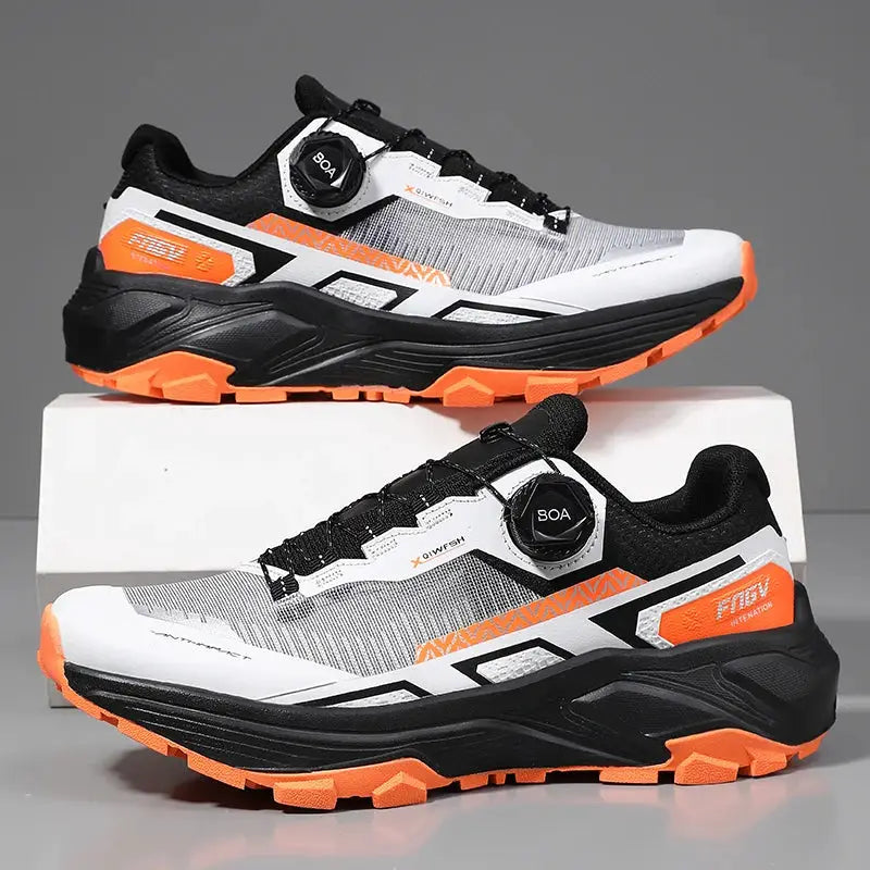 Men's breathable casual sneakers pair by Simples Market with BOA dial, white/black/orange design.