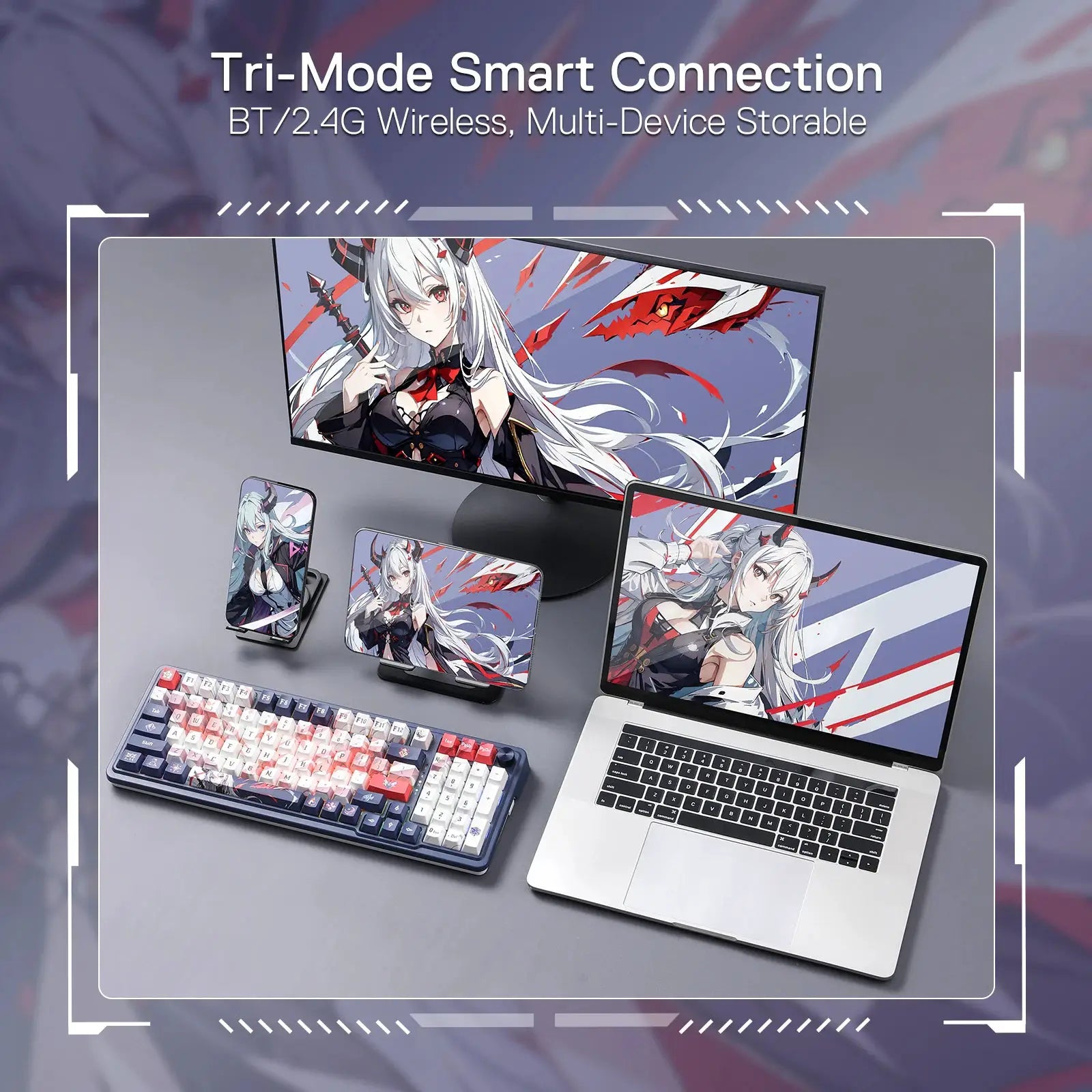 Redragon K686 PRO SE 98-key wireless RGB gaming keyboard on a desk with anime artwork displays
