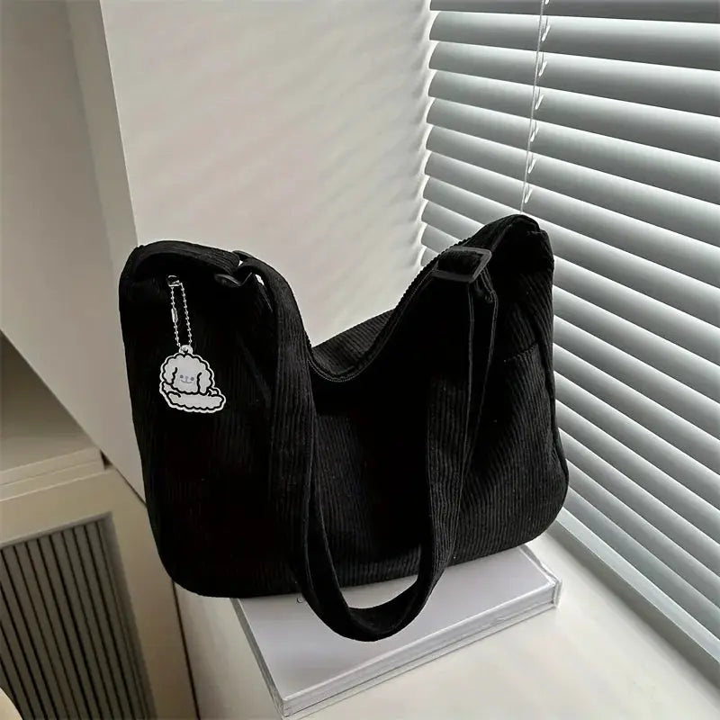 LuxeCarry Corduroy Shoulder Bag Striped Tote With Zipper Closure And Cute Hat Patch For Everyday Use