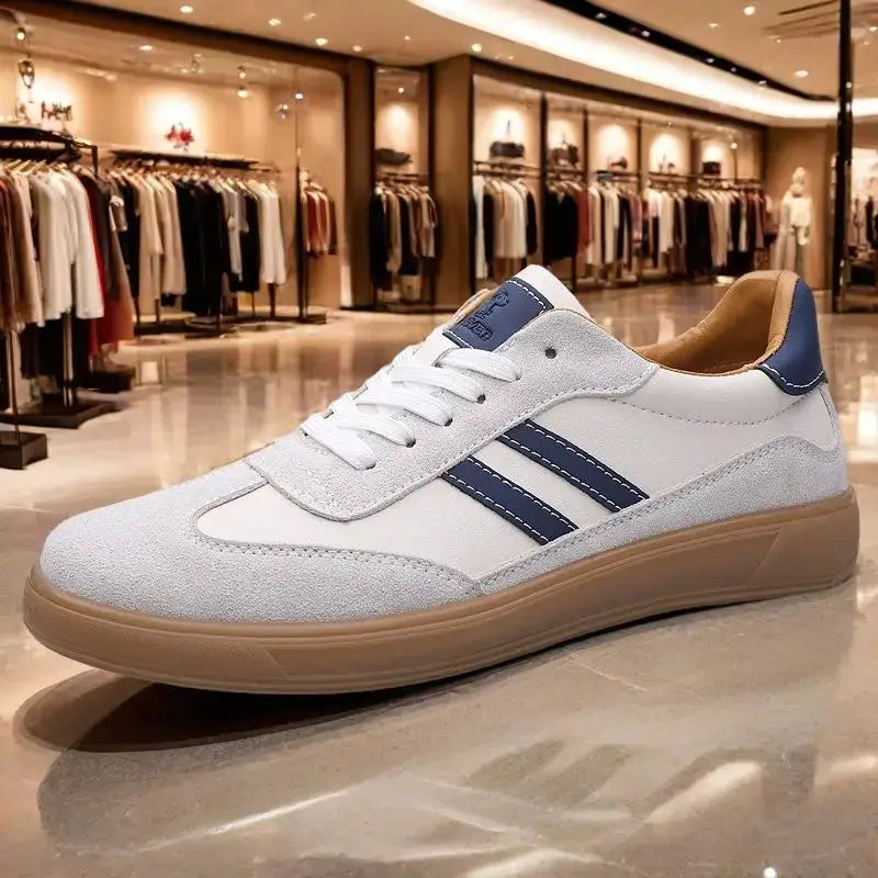 Leather sneakers for men by Simples Market, white with blue side stripes and tan sole