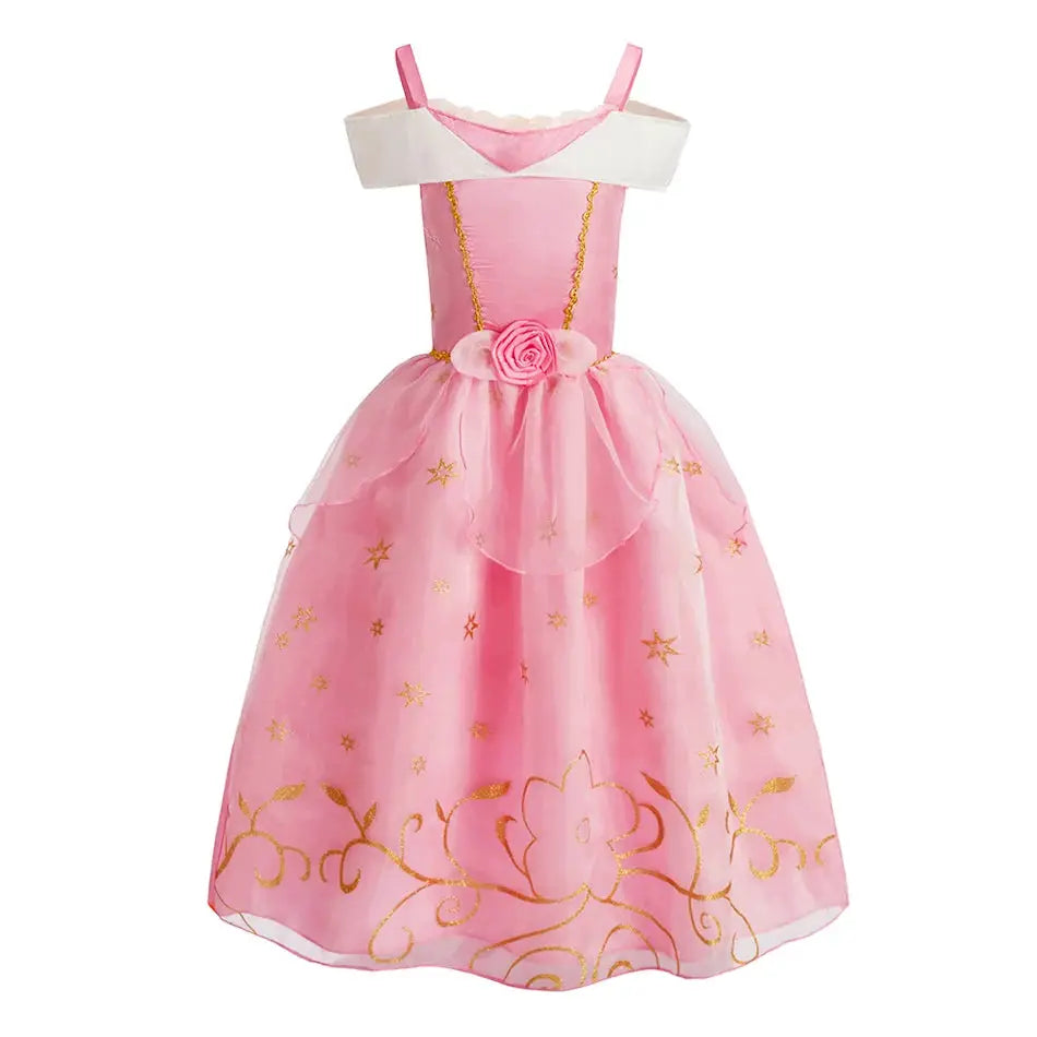 Kids Princess Costume Party Dress With Floral Pattern And Appliques Inspired By Rapunzel And Belle
