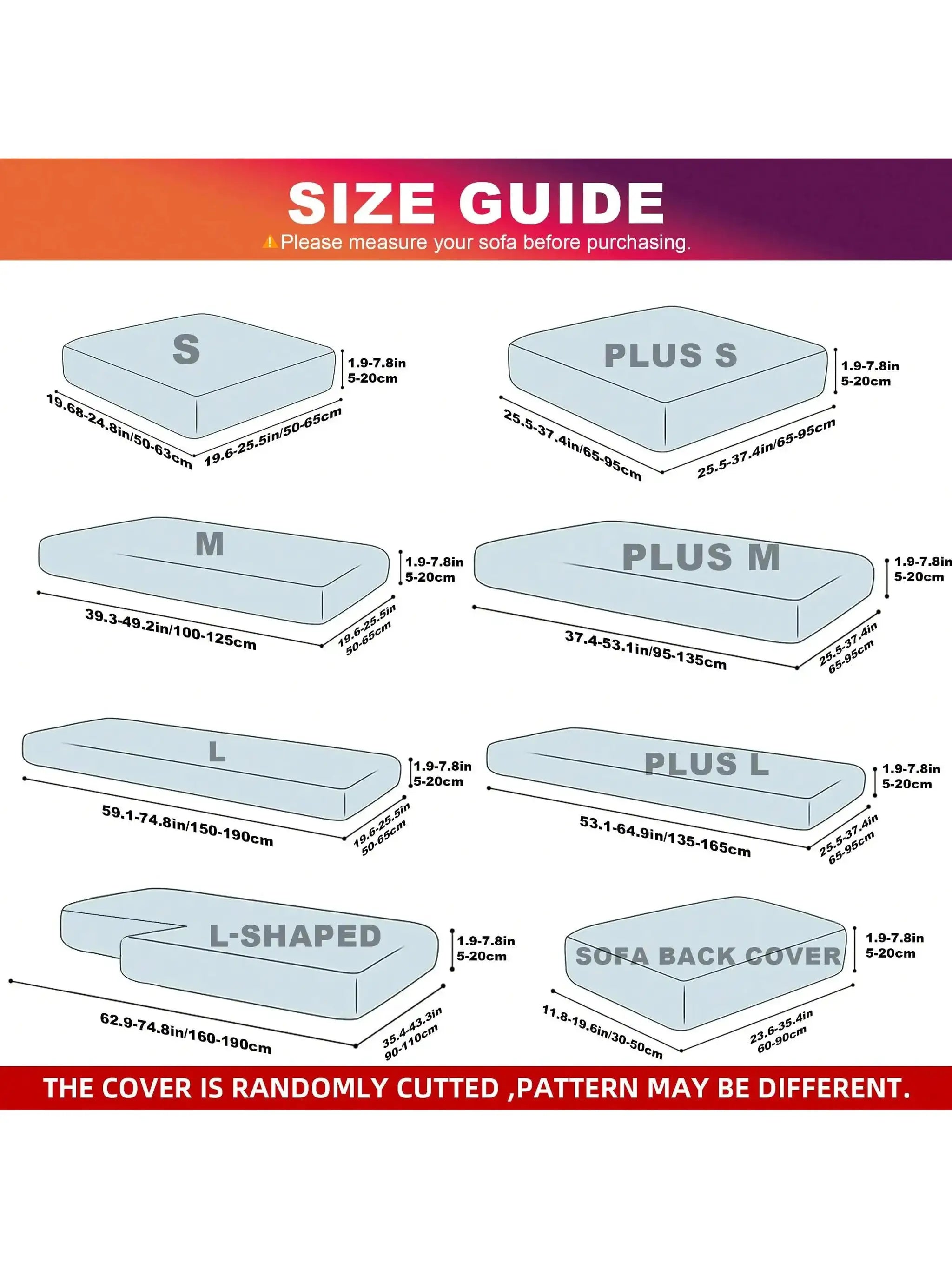 Outdoor tropical print sofa cushion covers size guide showing S, M, L and Plus sizes with dimensions.