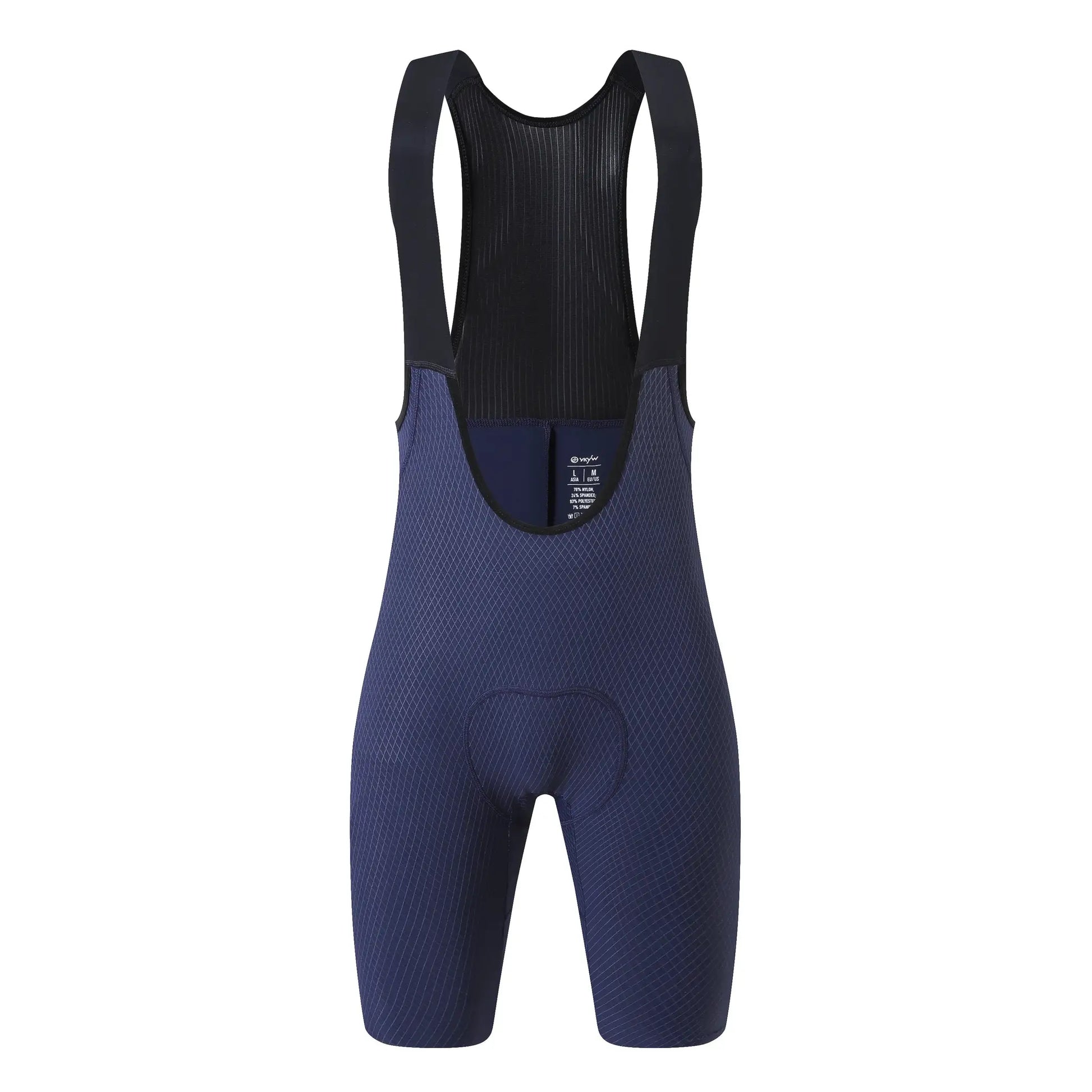 Cycling bib shorts in navy blue with diamond-pattern fabric, black mesh back panel and wide straps