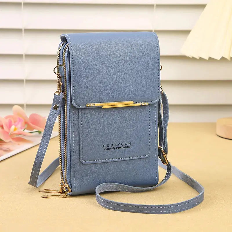Blue crossbody phone bag with front card pocket, adjustable strap, gold hardware, ENDAYCON