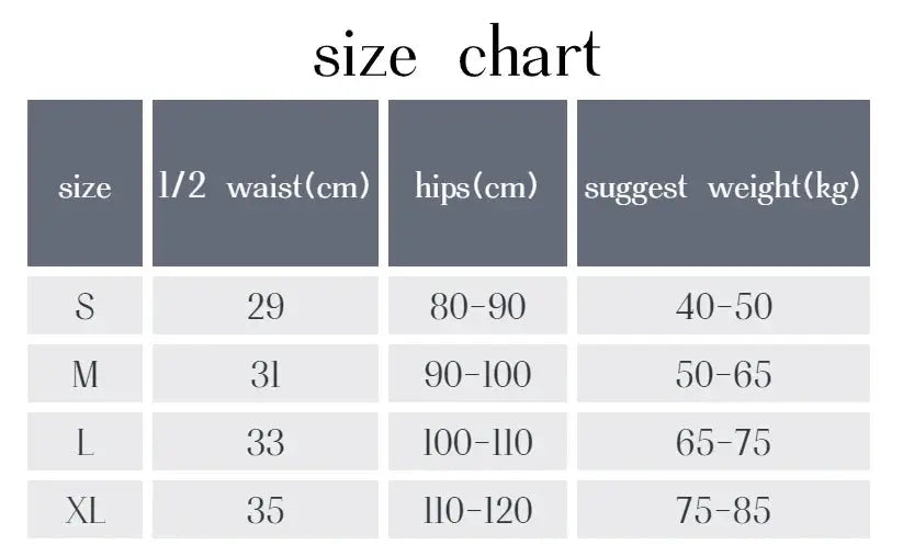 Size chart for women's panties showing S–XL with waist, hips, and weight ranges.