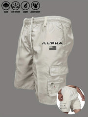 American flag printed cargo shorts with ALPHA logo; beige, multi-pocket summer work shorts
