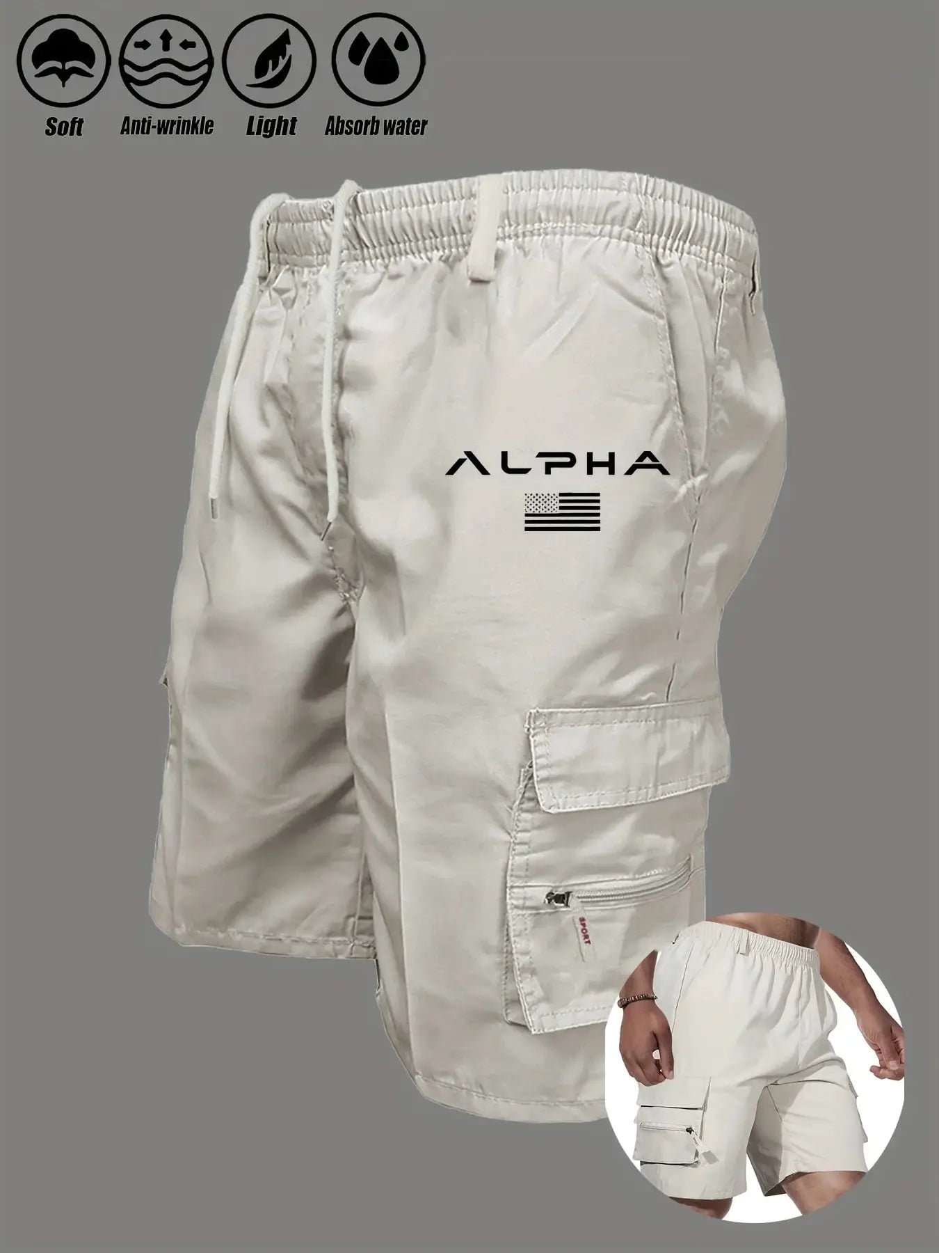 American flag printed cargo shorts with ALPHA logo; beige, multi-pocket summer work shorts