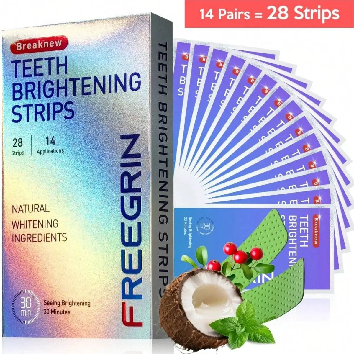 Breaknew Teeth Brightening Strips box with 28 strips (14 pairs), mint leaves and coconut graphic