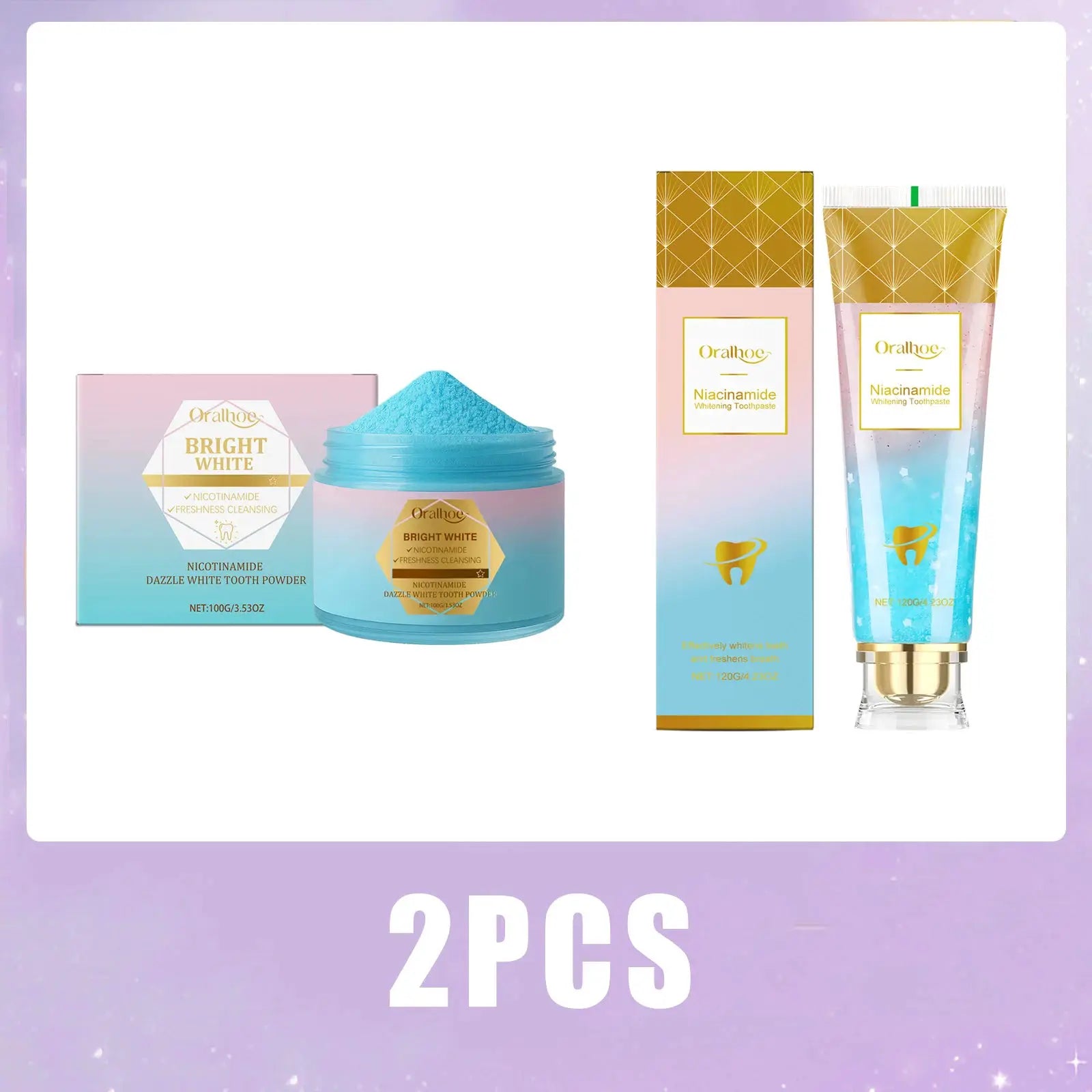 Niacinamide whitening toothpaste and tooth powder set, pink blue gradient packaging, 2 pcs