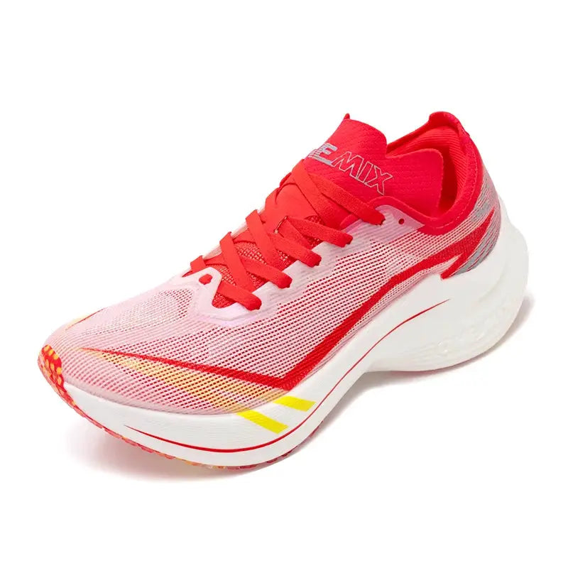 ONEMIX running shoe with pink mesh upper, red laces, and white chunky midsole.