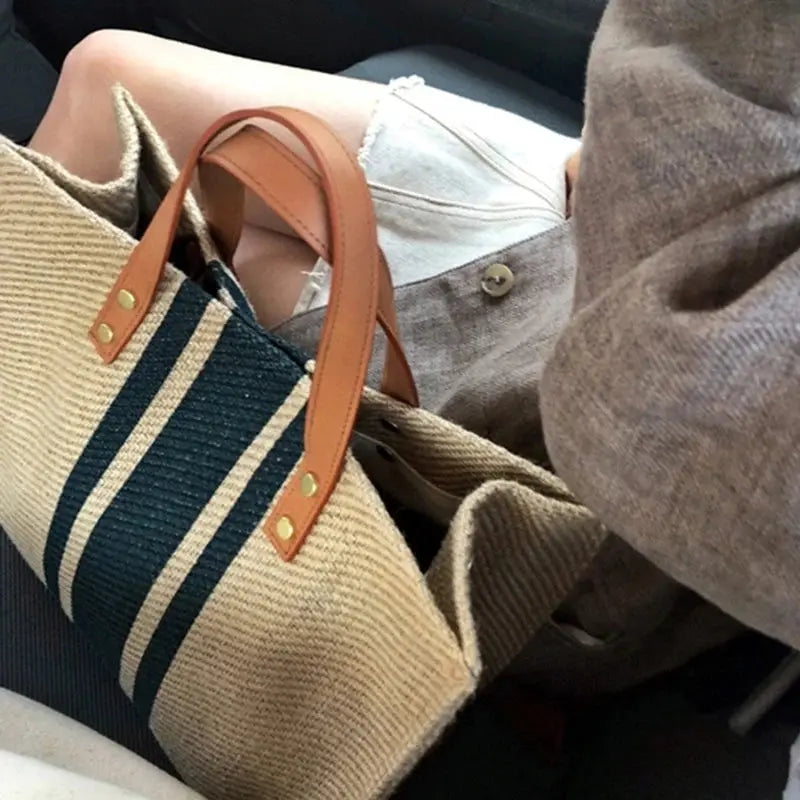Simples Market canvas stripe bucket tote bag with tan leather handles, large capacity